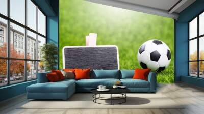 Soccer ball and mockup board on green grass Wall mural