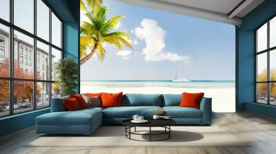 White sandy beach with sea and palms Wall mural