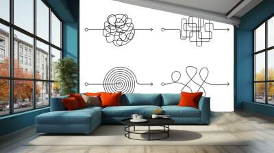 Insane messy line set, complicated clew way on white background. Tangled scribble path, chaotic difficult process way. Curved black line, solving a complex problem or quest. Vector illustration Wall mural