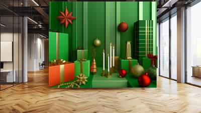 A green wall with a Christmas tree and many presents Wall mural