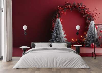 A red background with a wreath of red berries and two white pine trees Wall mural