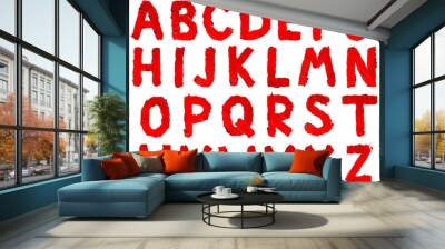 Handwritten english capital letters alphabet made of smudged red lipstick isolated on white background Wall mural