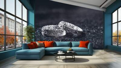 Two wedding rings on dark background with copy space. Wall mural