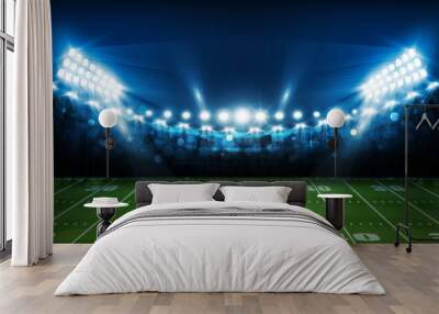 American football arena field with bright stadium lights design. Vector illumination Wall mural