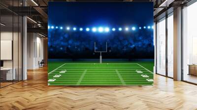 American football arena field with bright stadium lights design. Vector illumination Wall mural