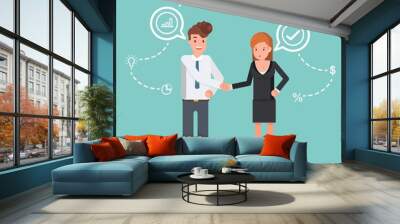 busines male female shake hands. Template for banner or infographics. Vector illustration. Wall mural