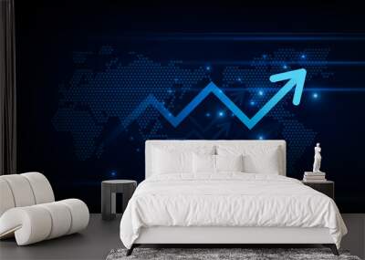 Financial chart with moving up arrow graph and world map in stock market on blue color background concept innovation background, vector design Wall mural