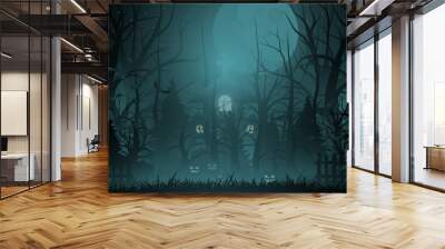 Happy Halloween background and scary tree pumpkin on graveyard full moon dark night and tombstone black bat. church on graveyard. Vector illumination Wall mural