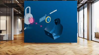 Protection system Progress upload and download data information in cloud for hacker. 3d isometric flat design. Wall mural