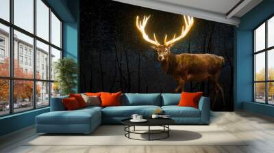 Moose with illuminated horns walks at night in the forest Wall mural