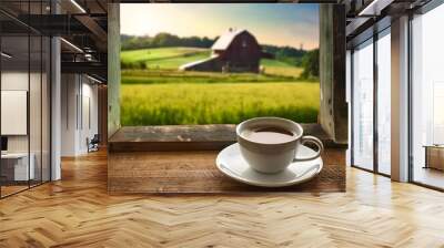 cup of coffee sitting on a shelf of an open window of a farm house Wall mural