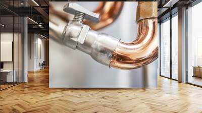 Installation of Copper Pipe with Wrench and Teflon Tape Close-Up Wall mural