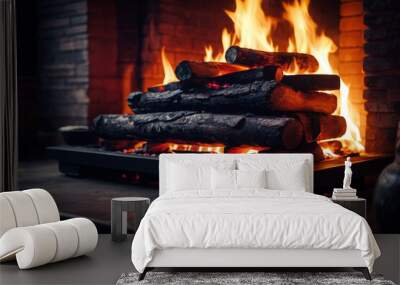 fireplace with burning logs Wall mural