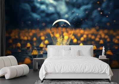 electric lamp against a background of other small lamps on an information panel. leadership and ideas concept. electric incandescent lamp. interior and technology Wall mural