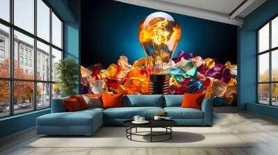 electric lamp on a background of colored crumpled pieces of paper. concept of defining and implementing an idea and business Wall mural