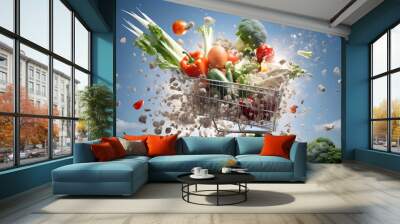 grocery cart with fruits, vegetables and other products from the supermarket flying to the sides on a dark background. food industry Wall mural