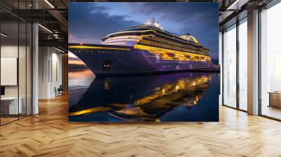 large luxury cruise ship sails along the night ocean along its route. sea ​​recreation and tourism. Wall mural