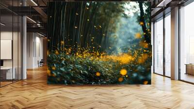 lights of fireflies beetles in the evening bamboo forest. fauna and flora in nature Wall mural