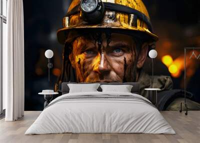 portrait of a miner. a male worker in a protective helmet and overalls works in production. industrial industry Wall mural