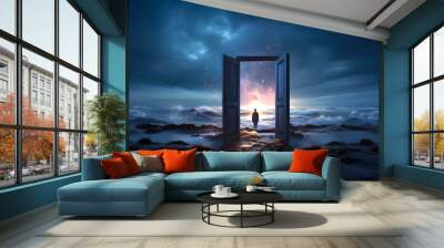 silhouette of a man in a doorway in nature. the concept of going through a portal to another world. fantasy of transformation of another dimension of the universe Wall mural