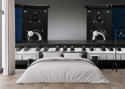 two stereo audio speakers and piano keys closeup on dark background Wall mural