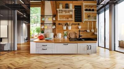 Interior of kitchen in rustic style with vintage kitchen ware and window. White furniture and wooden decor in bright indoor.	 Wall mural