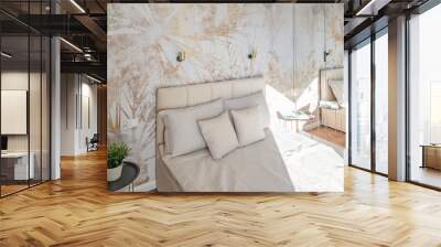 Modern bedroom with textured wallpaper with pattern. Bright interior of room with beige pillow and comfortable bed. New apartment. Wall mural