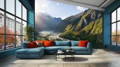 Aerial Panorama over Theth Village in the Northern Albanian Alps with Beautiful Sunbeams Wall mural