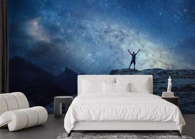 Hiker under a starry night sky in the mountains Wall mural