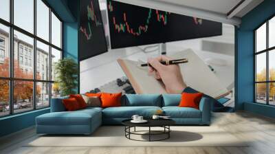 Two stock investors with stock market graph screen, stock fluctuation analysis, business man trading stocks for profit, stock market fluctuation graph screen, profit trading analysis. Wall mural