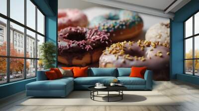 Close up shot donuts with icing and sprinkles Wall mural