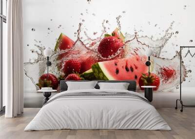 Close up shot of watermelon and berries with a splash of clear water Wall mural