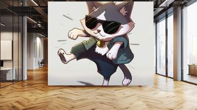 Cool cartoon cat wearing sunglasses walking with style Wall mural