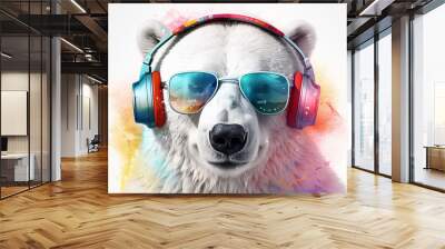 Cool Polar Bear listening to music with Headphones and Sunglasses Wall mural