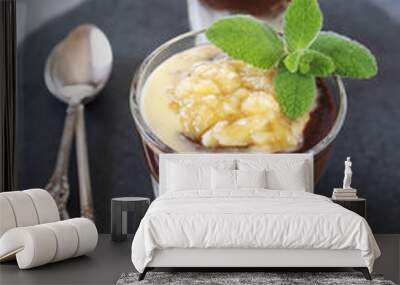 Pudding with vanilla custard, banana and cocoa Wall mural