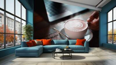 Hot black coffee on a natural background blurred Style dark tone Wall mural