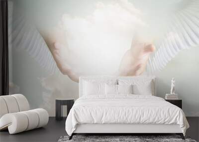 The hand opened up from heaven To welcome prayer to God background Style Double exposure Wall mural