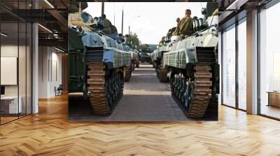 Russian tanks troops army machines on the street heading out to war Wall mural