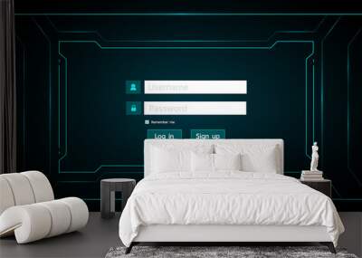 Log in page ui design on technology futuristic interface hud background. Wall mural