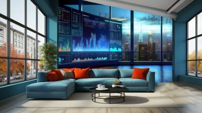 Night City Data: Futuristic cityscape at night reflected in sleek, modern office space with large screen displaying dynamic data graphs and charts.   Wall mural