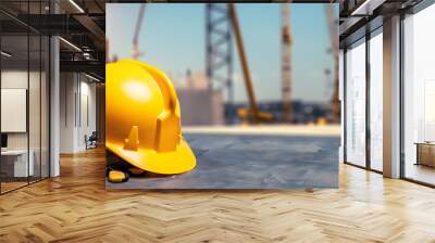 Vivid Yellow Construction Helmet with Copyspace on Blurred Construction Site Background Wall mural