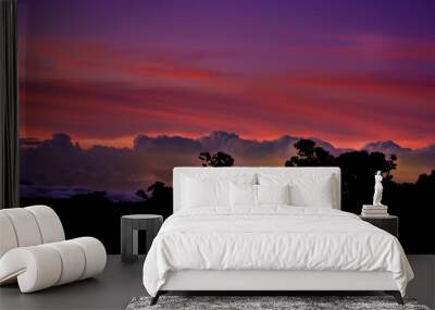 Landscape from Talamanca mountains in Costa Rica, Central America, night or sunrise or sunset view from Los Quetzales, silhouettes of the trees against the red and violet and blue sky with clouds Wall mural