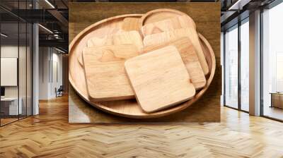 Natural wooden serving tray on table, Serving Platter for Tea, Coffee, Food and Home Decoration. Wall mural