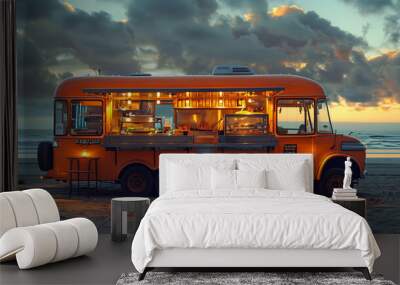 Orange Food Truck Parked On Beach At Sunset Wall mural