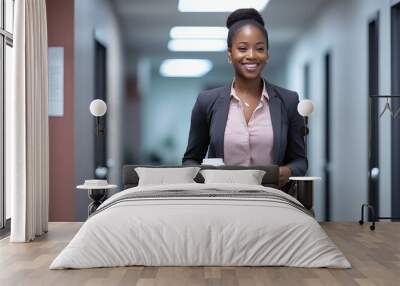 A Black woman walks down the hallway at work, smiling and holding a cup of coffee. Wall mural