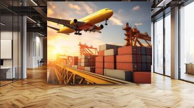 A cargo plane takes off over the ocean to pick up shipping containers. It's a way to manage logistics supply chains and export goods internationally. Wall mural