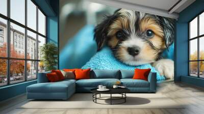 A fluffy puppy is getting a bath with a blue towel. It's a close-up picture of the puppy indoors. This shows how to take care of a dog and how to train it. Wall mural