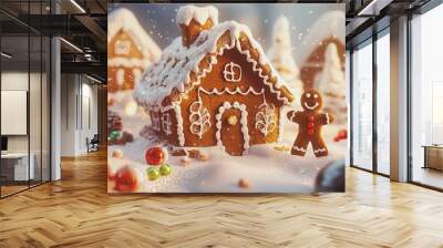 A house made of gingerbread with a gingerbread man and woman standing in front of it. Wall mural