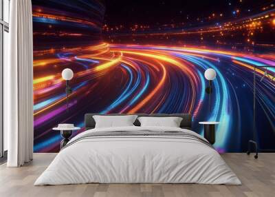 Neon circles of light speed across a dark background, creating a sense of motion and speed. This design evokes the energy and excitement of a digital highway or the speed of light itself. Wall mural