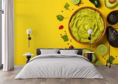 Fresh guacamole in a bowl with avocados, lime, tomato, peppers and cilantro on a vibrant yellow background, top view with copy space. Wall mural